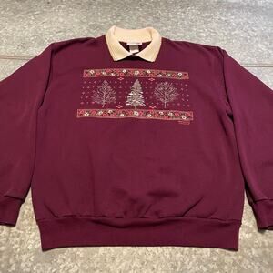 Vintage Morning Sun Christmas Tree Sweatshirt Womens XL USA Collared Snow Scene